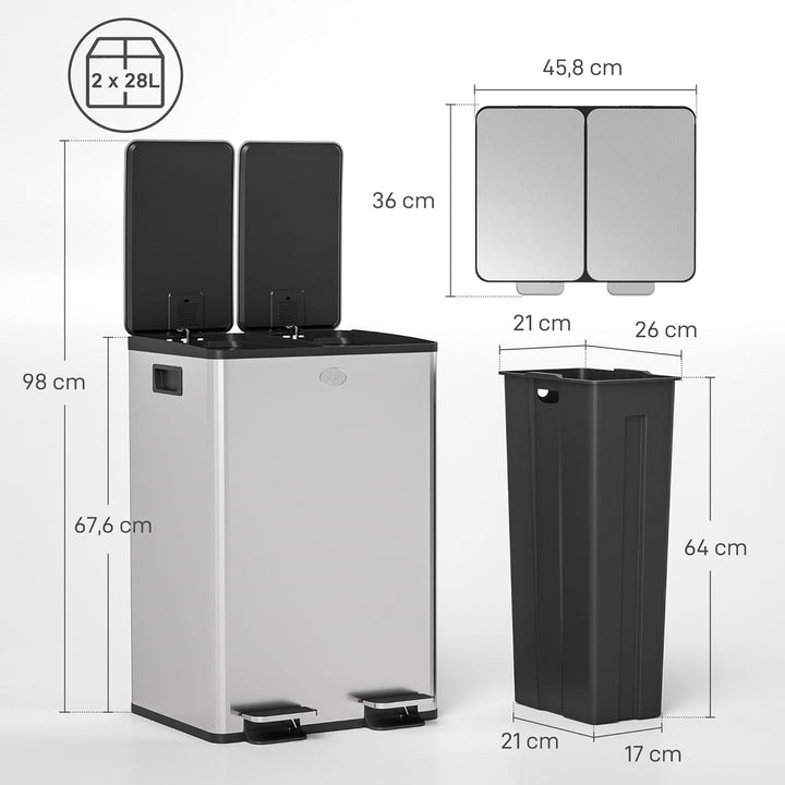 HOMCOM Doppelter Küchenabfalleimer, 2 x 28L, Treteimer aus Edelstahl, 2 sanft schliessende Deckel, h