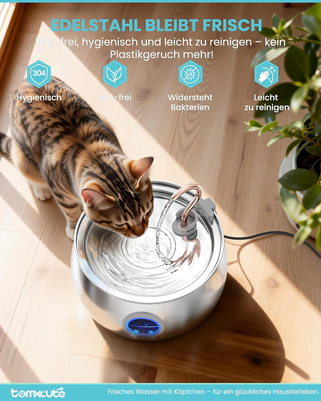Tomxcute Katzenbrunnen Edelstahl 4,0L mit Sichtfenster - Leiser Katzentrinkbrunnen mit Kupfer Schwan
