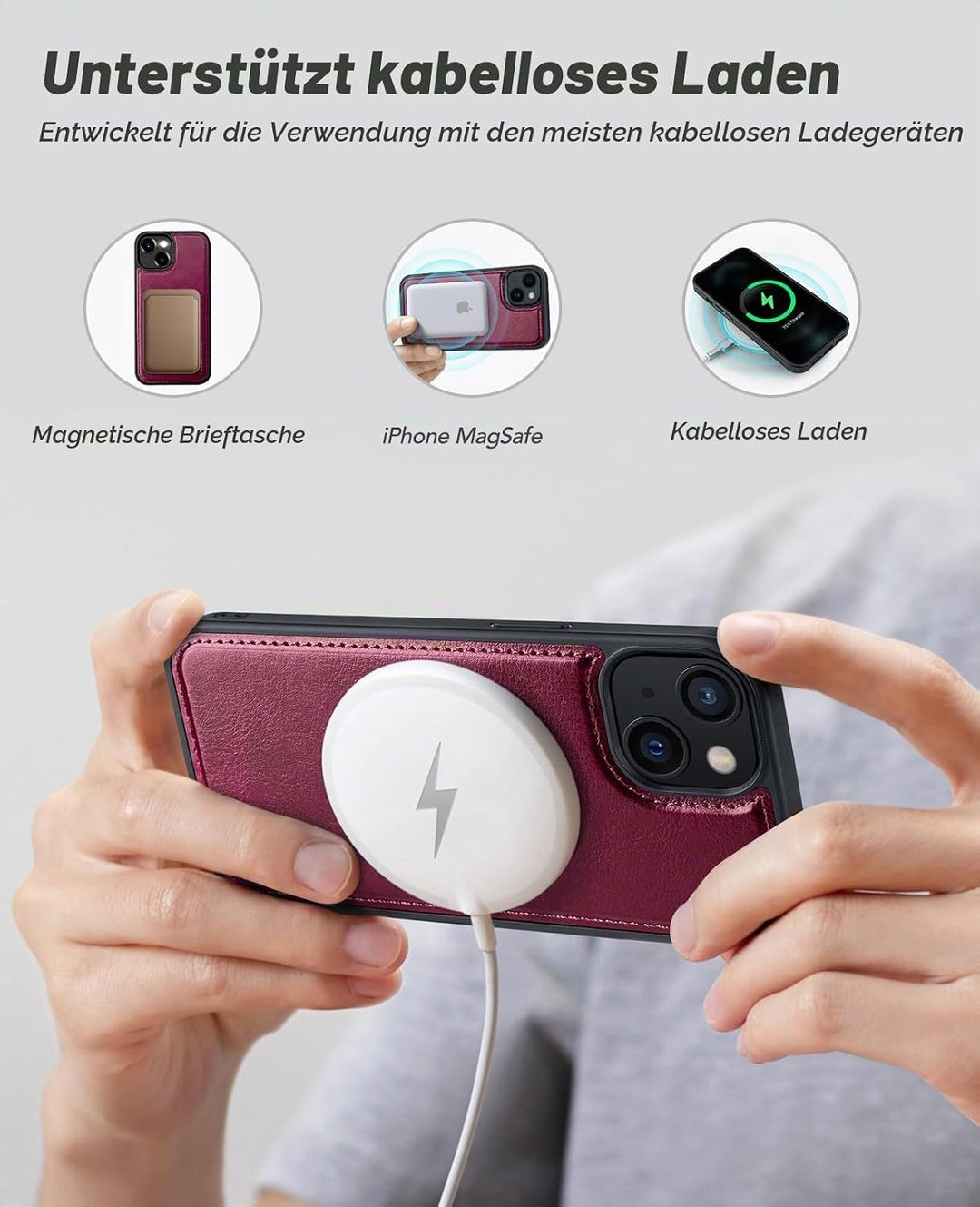 OCASE Kompatibel für iPhone 15 Hülle (2in1) Stossfestes Case, Burgundy | Abnehmbare magnetische, Mit