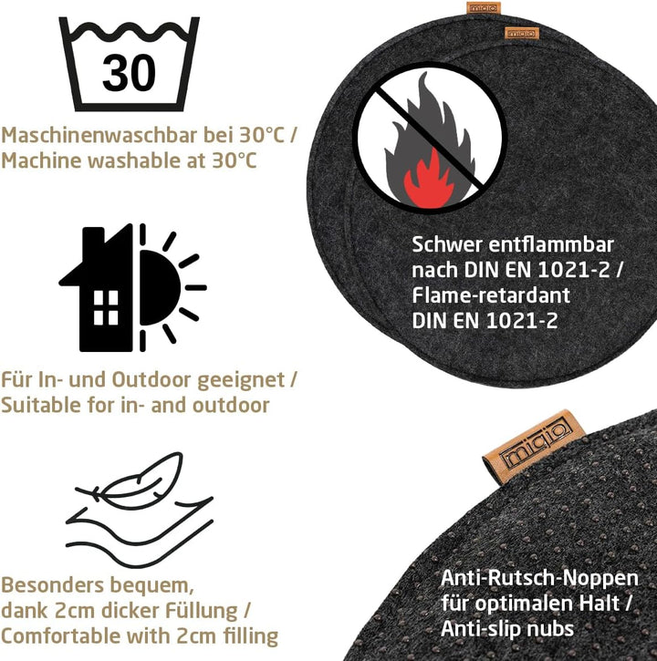 Miqio Design Filz Sitzkissen XL Rund mit Antirutschnoppen | 40cm | 6er-Set | Indoor und Outdoor | Na