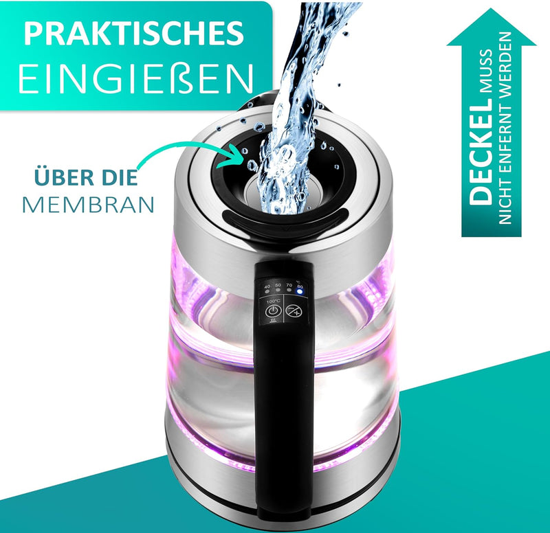 Glas Wasserkocher 1,7 Liter | 2200 Watt | Edelstahl mit Temperaturwahl | Teekocher | 100% BPA FREI |