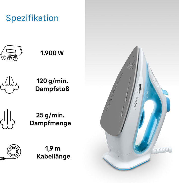 Braun Dampfbügeleisen TexStyle 1 SI1029BL, Bügeleisen, Antihaftbeschichtete Bügelsohle, 120 g/min Da