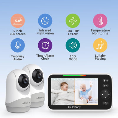 HelloBaby Video-Baby-Monitor, 5-Zoll-Split-Screen mit Dual-Kameras, Fernsteuerung Kameras mit Nachts