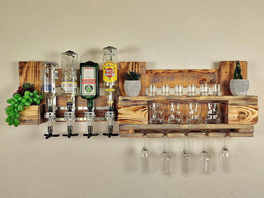 Whisky-Regal Wandbar mit Getränkespender 4 Dosierer Whiskey-Bar Weinregal aus Palette 4 Whiskeygläse