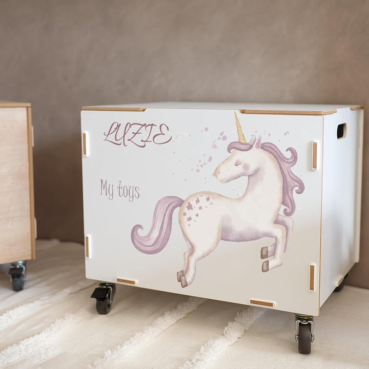 Peronalisierbare Aufbewahrungsbox mit Einhorn Mädchen-Motiv (33x45,5x34,5cm + 6cm Räder-Höhe) Aufbew