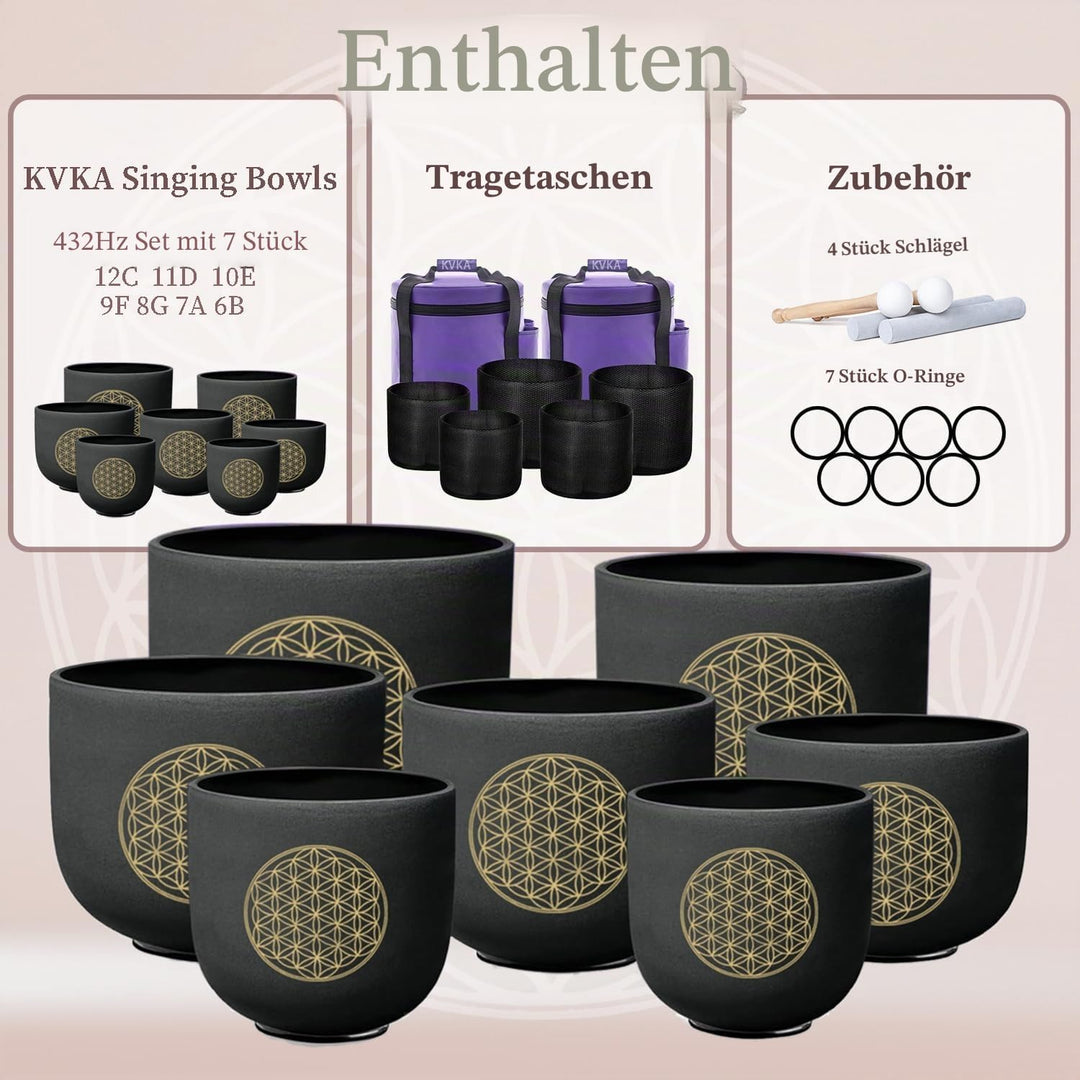 KVKA Kristall-Klangschalen Set, 6-12 inch 432Hz Schwarz Frosted Quarz Flower of Life Chakra Klangsch