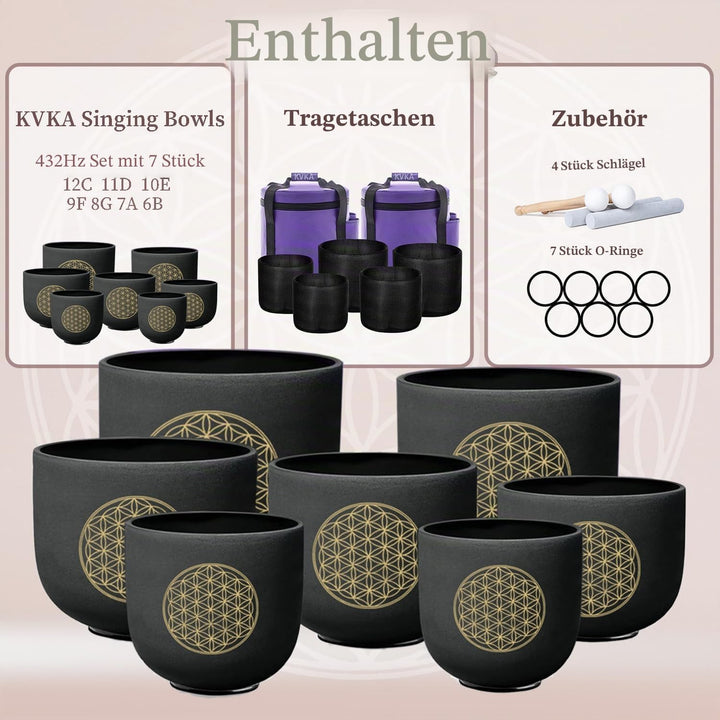 KVKA Kristall-Klangschalen Set, 6-12 inch 432Hz Schwarz Frosted Quarz Flower of Life Chakra Klangsch