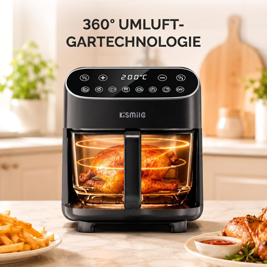Kismile Glas Airfryer 4,7L, Heissluftfritteuse, Borosilikatglas, Touchscreen | 4,7L Borosilikatglas-