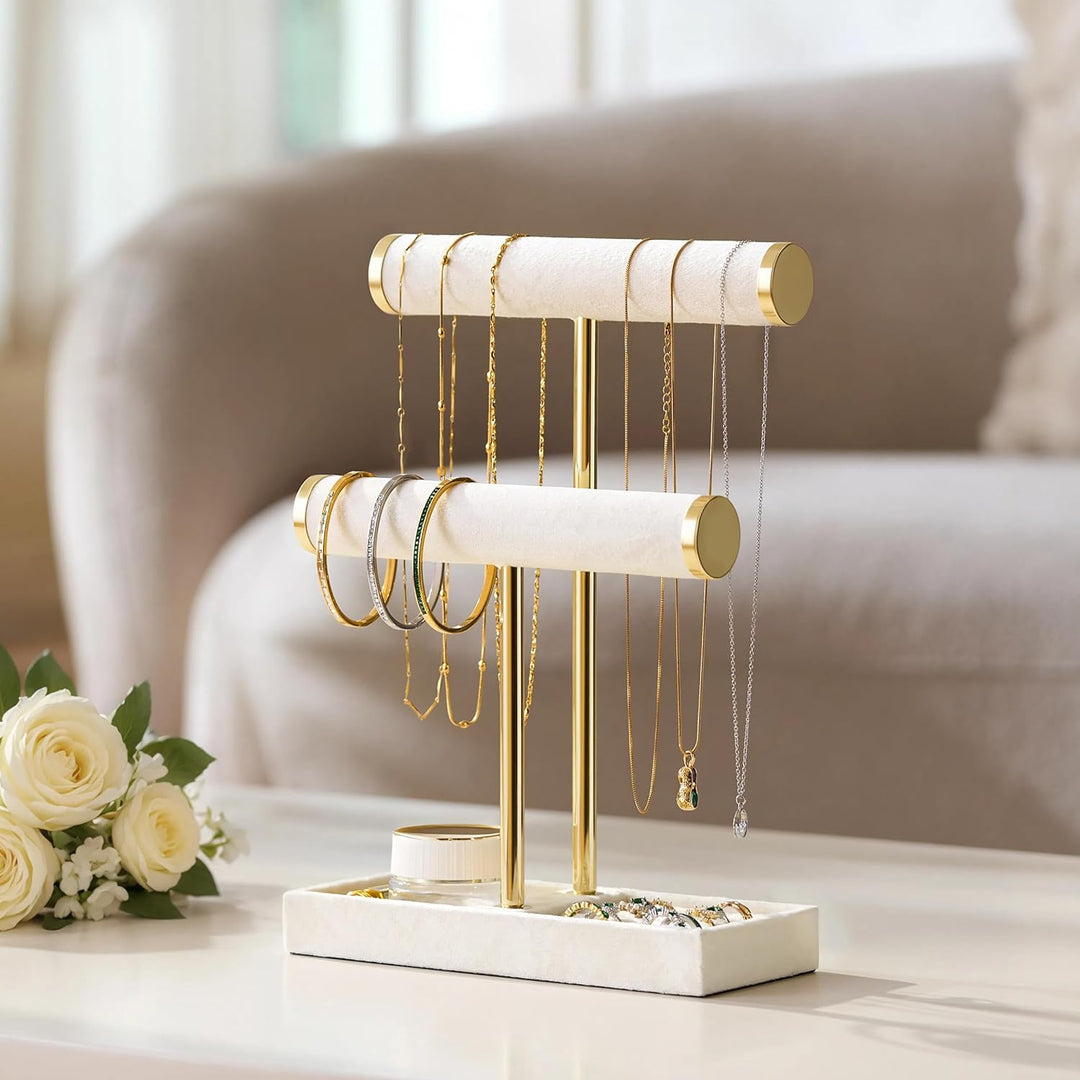 Schmuck Organizer mit 2 Ebenen - Beige Schmuckständer Armbänder, Abnehmbarer T-Steg Schmuck Ständer,