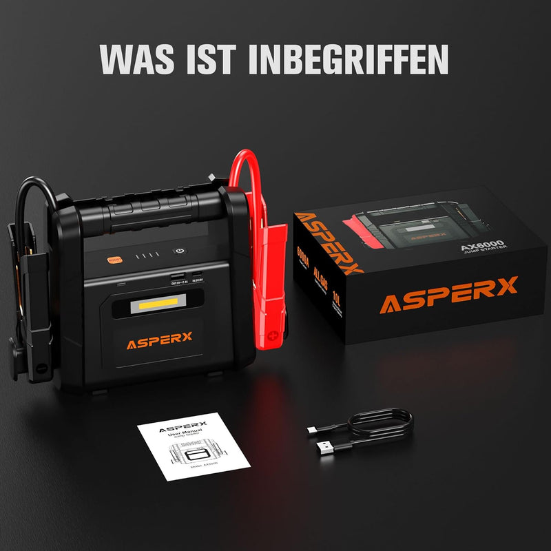 ASPERX 6000A Starthilfe Powerbank - Tragbare Auto Starthilfe für 12V Fahrzeuge (bis zu Alle Benzin o