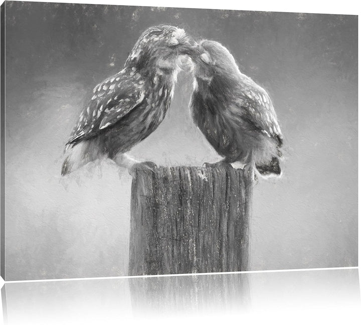 Pixxprint Küssende Eulen Kunst Kohle Effekt, Format: 100x70 auf Leinwand, riesige Bilder fertig gera