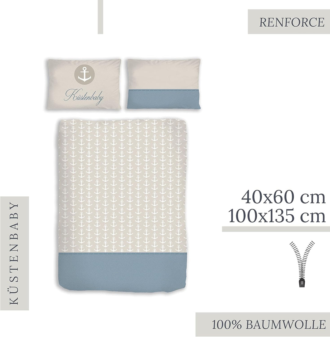 Anker Kinder-Bettwäsche 100x135 + 40x60 cm, Küstenbaby Maritime Babybettwäsche, Kleinkinderbettwäsch