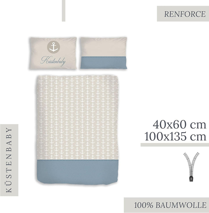 Anker Kinder-Bettwäsche 100x135 + 40x60 cm, Küstenbaby Maritime Babybettwäsche, Kleinkinderbettwäsch