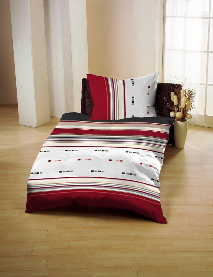 Bettwäsche 140x200 cm + 70x90 cm, Baumwolle Satin, Kariert Rot Weiss Beige, Rot