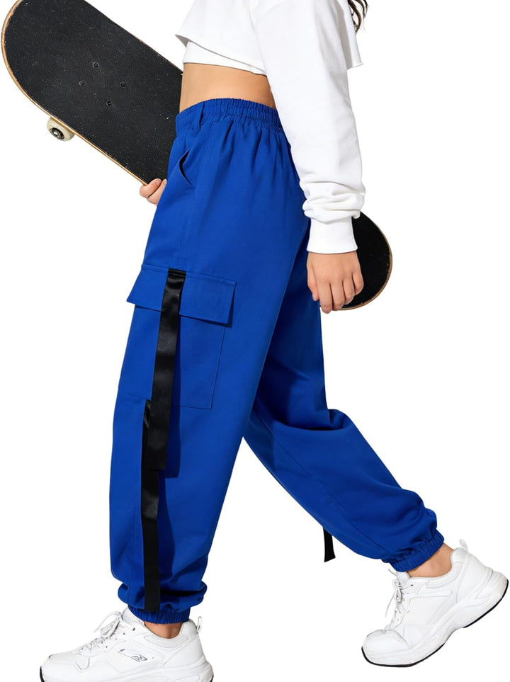 Rolanko Mädchen Hip Hop Hose Kinder Cargohose Elastische Jogginghose für Streetwear Tanz Blau 6-7 Ja
