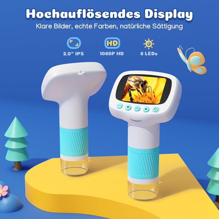 Digitales Mikroskop für Kinder mit Wecker, Tragbares Kinder Mikroskop mit 1000x Vergrösserung, 2 Zol