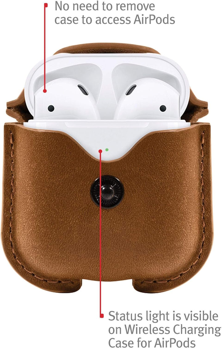 Twelve South AirSnap | Poliertes Lederetui für AirPods in Cognac Cognac Leder, Cognac Leder