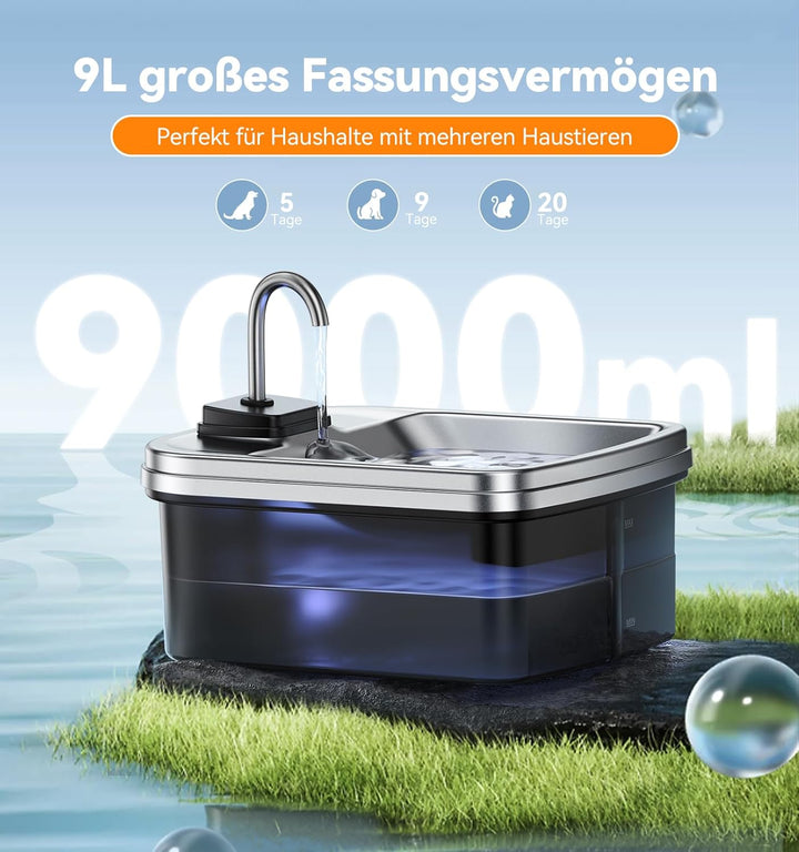FEELNEEDY 9L Trinkbrunnen für Hunde mit 3-Stufig Verstellbarem Ständer, Hundebrunnen mit 3 Filters,