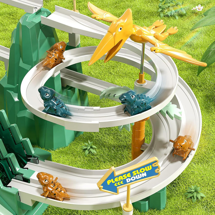 JUKUDAHU Dinosaurier Rennstrecke Spielzeug für Kinder 3-8 Jahre | Kletterrutsche Treppen Spielset, A