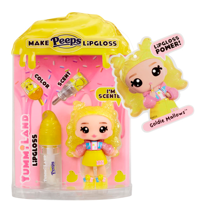 Yummiland x PEEPS Lip Gloss Doll- Goldie Mallows - Enthält 1 Puppe mit Mode zum Gestalten und Lipglo