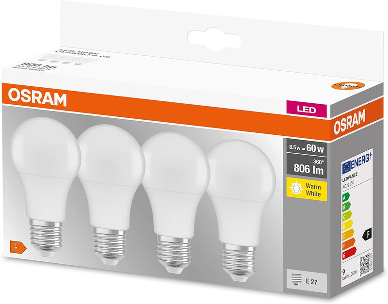 Osram LED Base Classic A, in Kolbenform mit E27-Sockel, Nicht Dimmbar, Ersetzt 60 Watt, Matt, Warmwe