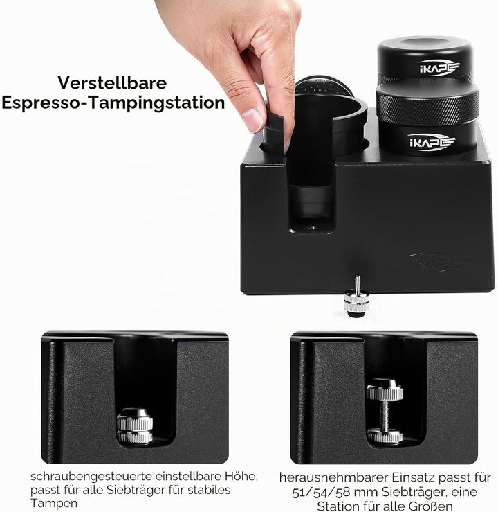 IKAPE Espresso-Tamper-Station – Schwarze Tamping-Station aus Kunststoff, Tamper-Halterung und Siebtr
