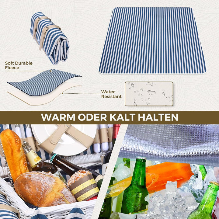 Picknickkorb Set für 4 Person mit Kühlfach und wasserdichte Picknickdecke, Abnehmbarer Riemen, Beste