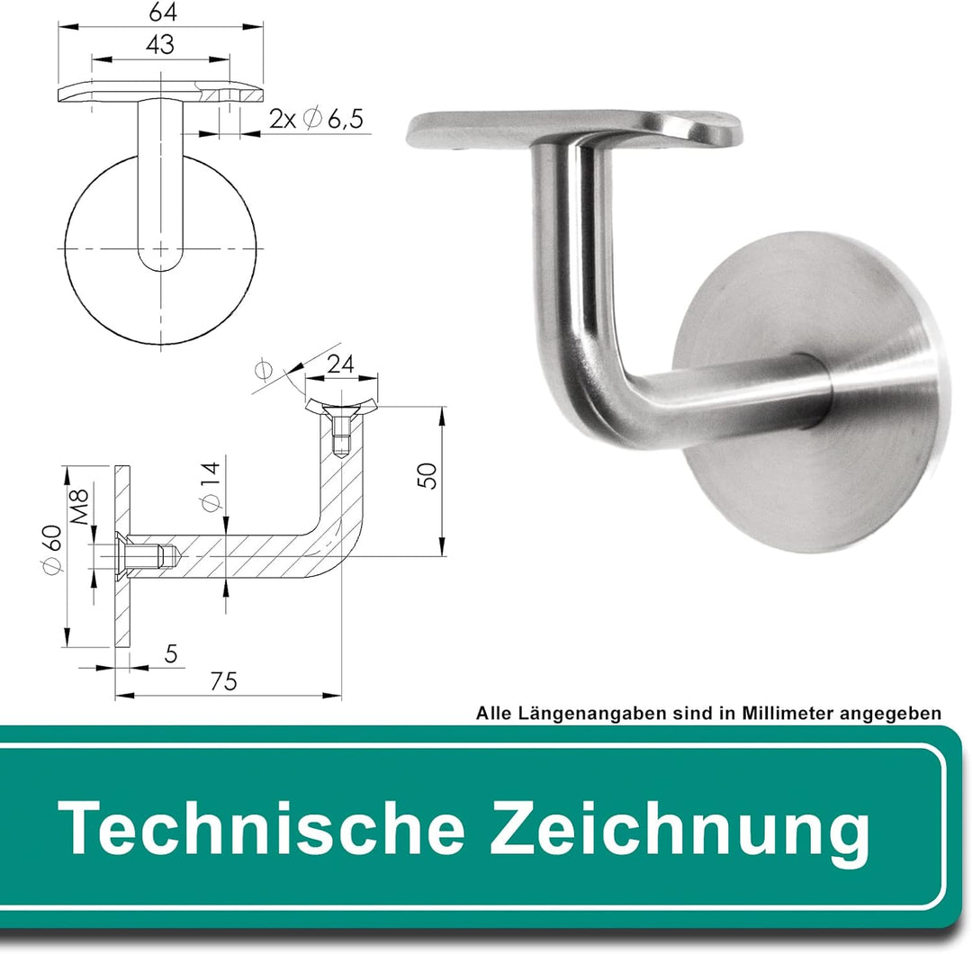 PRIOstahl Handlaufhalter Handlauf Wandhalter Handlaufstütze - 4 x Handlaufträger an Rundrohr Ø 42,4