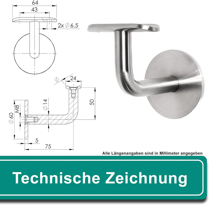 PRIOstahl Handlaufhalter Handlauf Wandhalter Handlaufstütze - 4 x Handlaufträger an Rundrohr Ø 42,4