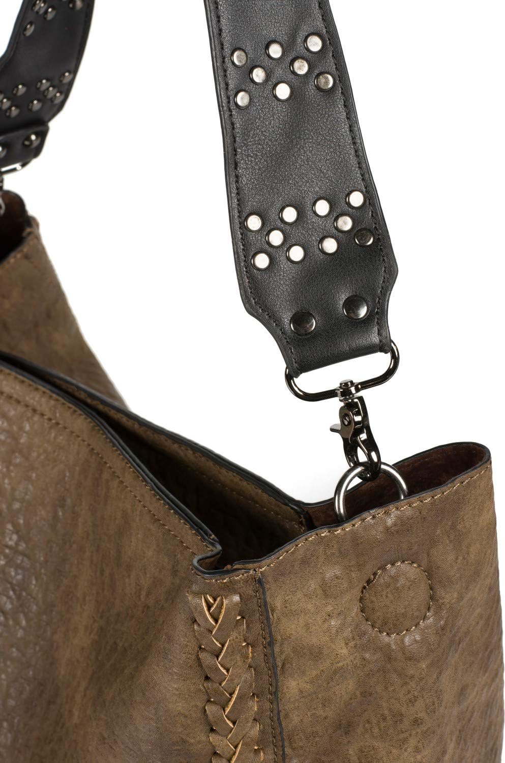styleBREAKER Damen 2 in 1 Umhängetasche mit Nietengurt, geprägtes Kunstleder Vintage Look, Innentasc