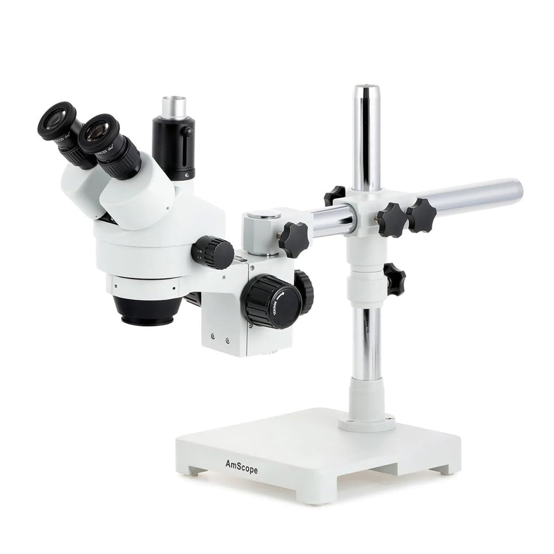 AmScope SM-3T Trinokulares Stereo-Zoom-Mikroskop auf Einarmigem Auslegerständer, 7X-45X, Weiss, Mikr