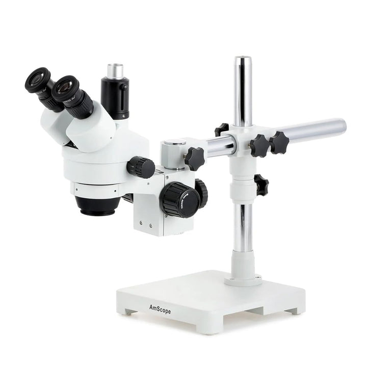 AmScope SM-3T Trinokulares Stereo-Zoom-Mikroskop auf Einarmigem Auslegerständer, 7X-45X, Weiss, Mikr