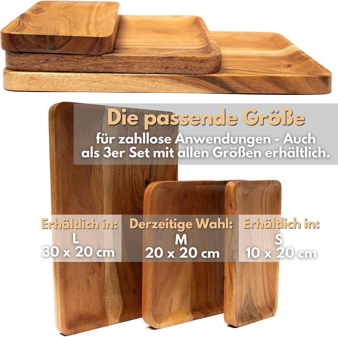 Holztablett Viereckig aus Akazie - 2er Set 20 x 20 cm Gross/Dekotablett Holz Rechteckig/Holzbrett Sc