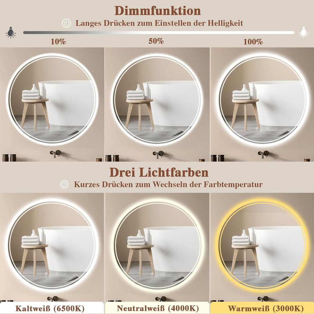 Badspiegel mit Beleuchtung - Badezimmer-Spiegel-LED mit Beschlagfrei, Touch-Schalter, Dimmbar, 3 Lic