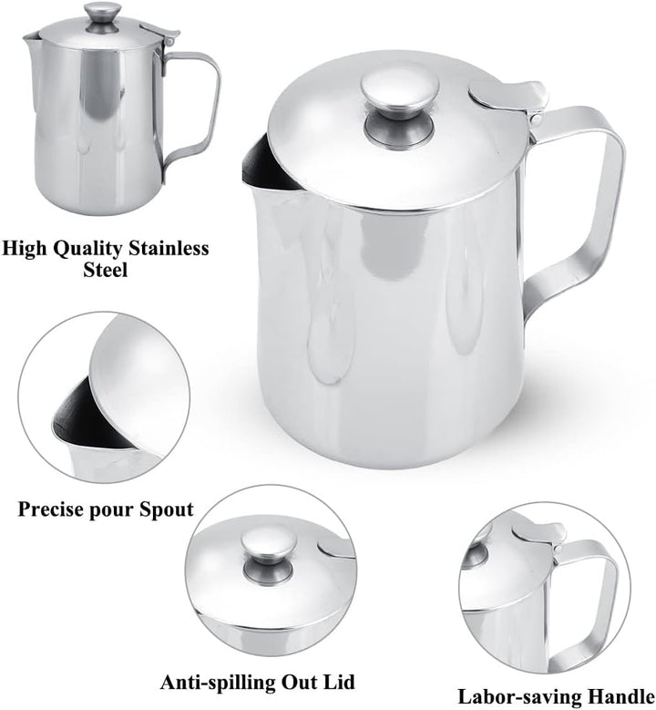 Eboxer Edelstahl Kaffeetasse Becher Milch Aufschäumen Kanne mit Deckel für Latte Coffee Art. für Caf