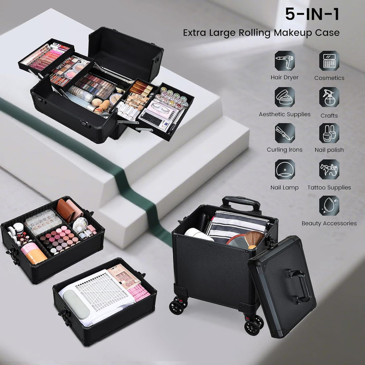 Kosmetikkoffer Alu Beauty Case 5 in 1 Kosmetik Trolley Rollkoffer Make up Koffer Gross Schminkkoffer