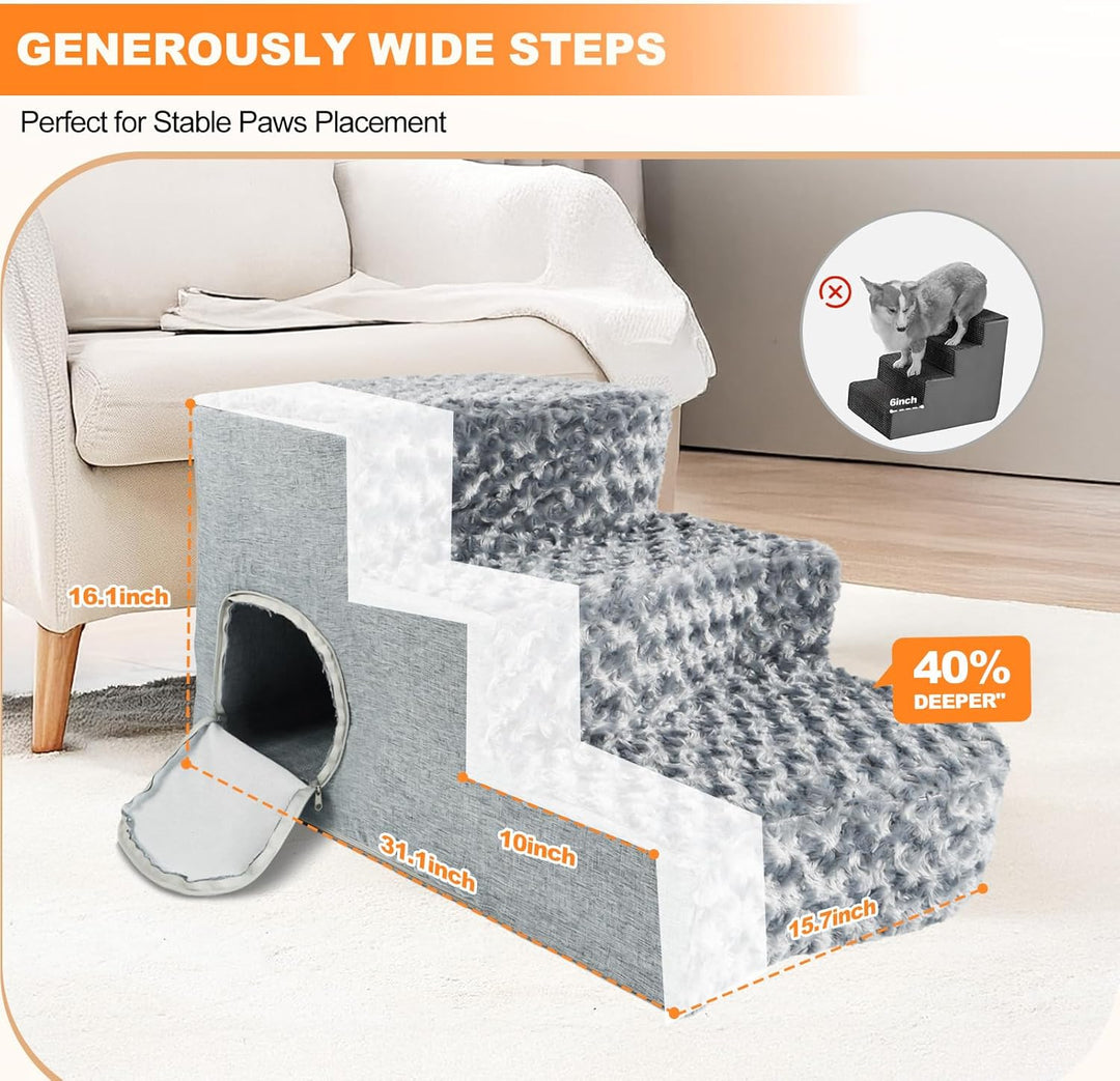 Hundetreppe 3-stufig mit Katzen-Schlafnische und Hunderampe. rutschfeste Treppe aus hochdichtem Scha
