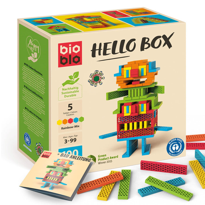 bioblo Nachhaltige Holzklötze Hello Box Rainbow 100 Stück | Steinbaukasten, Klötzchen, Geschenk für
