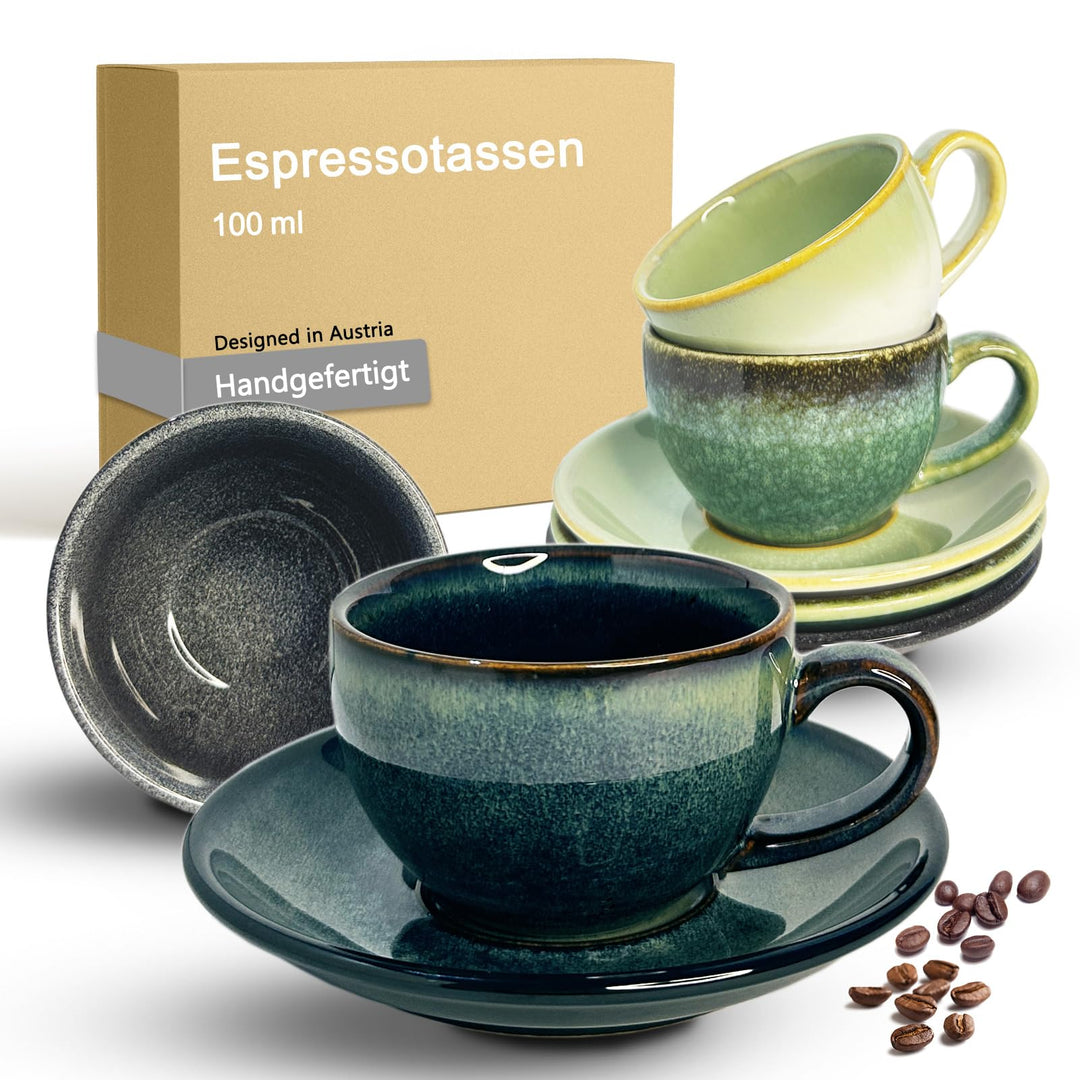 Espressotassen Set mit Untertassen 100ml, 4er Set bunt, handgefertigte Steingut Kaffeetassen, spülma
