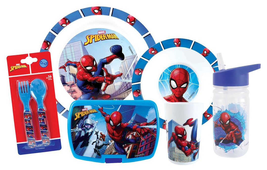 FUN HOUSE | Komplettes Set Lunchbox Spiderman für Kinder | 1 Glas + 2 Teller + Besteck + Trinkflasch