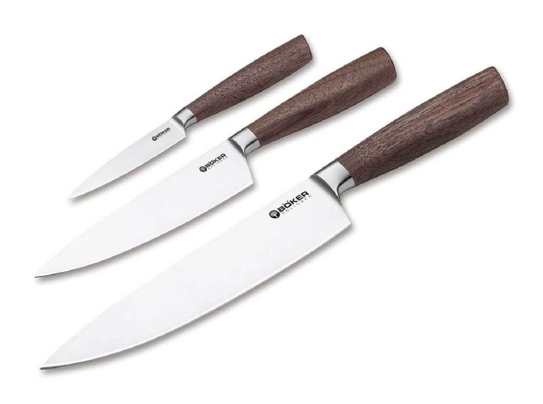 Böker Manufaktur Solingen Core Messertrio mit Geschirrtuch Kochmesser Set 3-teilig X50CrMoV15/Walnus
