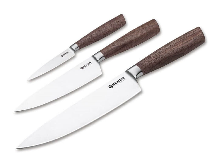 Böker Manufaktur Solingen Core Messertrio mit Geschirrtuch Kochmesser Set 3-teilig X50CrMoV15/Walnus