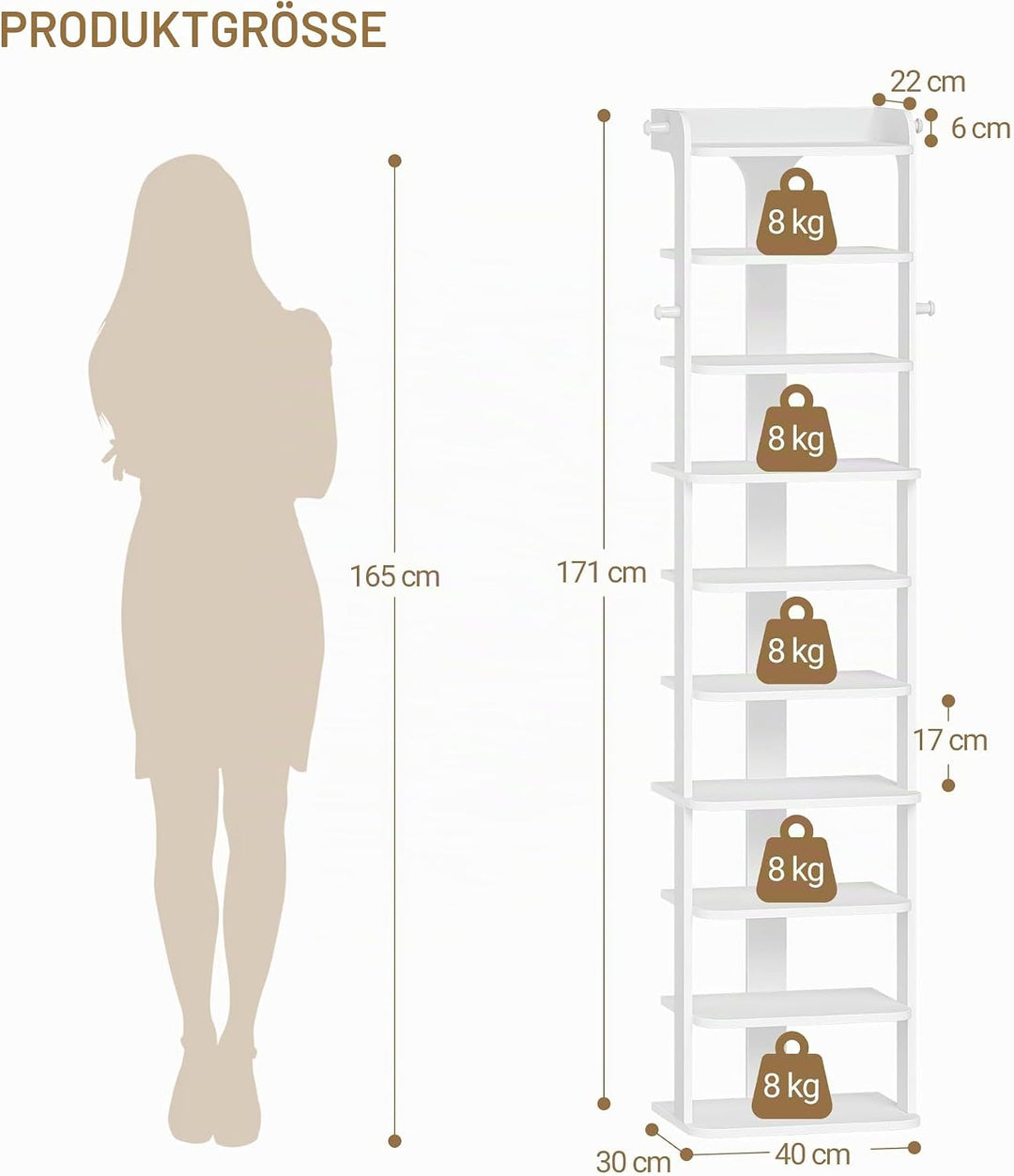 Hzuaneri Schuhregal, Schuhablage mit 10 Ebenen, Holz-Schuh-Organizer mit Haken, Verstellbar, Platzsp