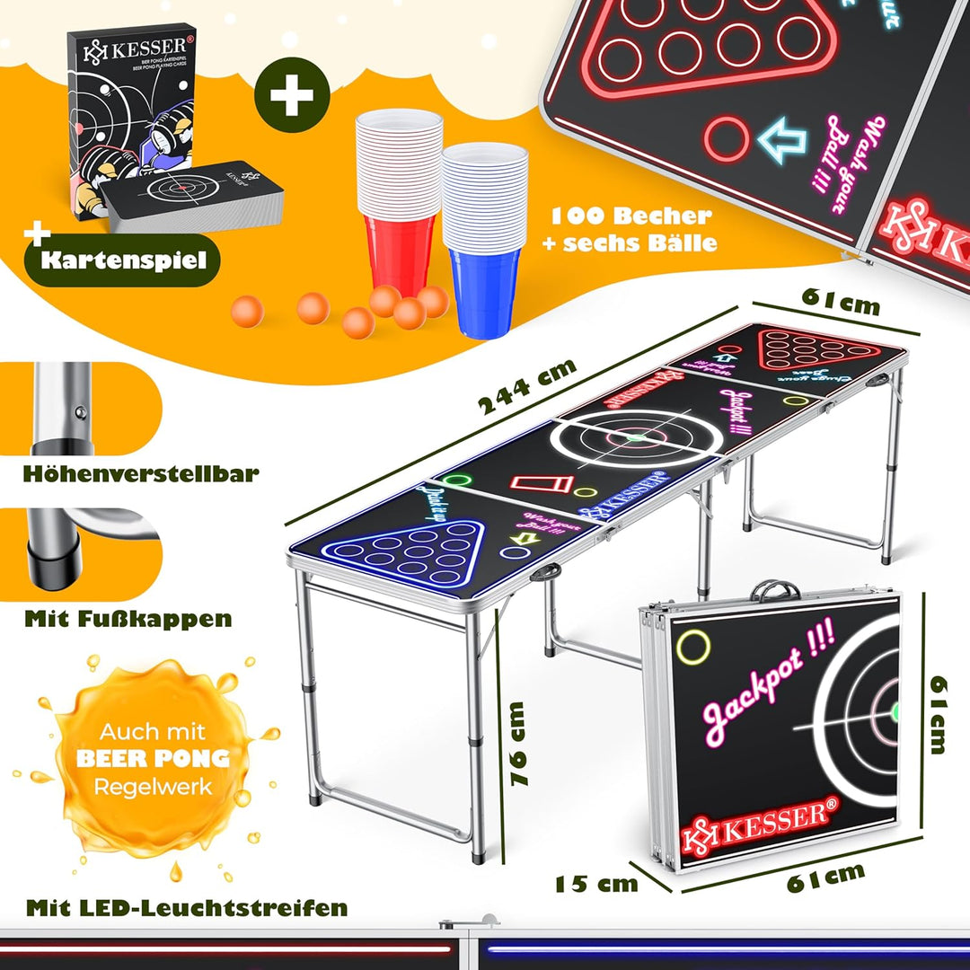 KESSER® Bier Pong Tisch Set mit Kartenspiel Trinkspiel LED-Action inkl. 100 Becher (50 Rot & 50 Blau