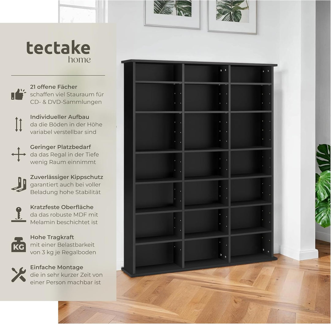 tectake 800860 CD DVD Blu-ray Regal Ständer, 18 flexibel einstellbare Zwischenböden, Medienregal aus