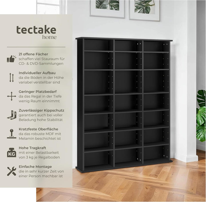 tectake 800860 CD DVD Blu-ray Regal Ständer, 18 flexibel einstellbare Zwischenböden, Medienregal aus