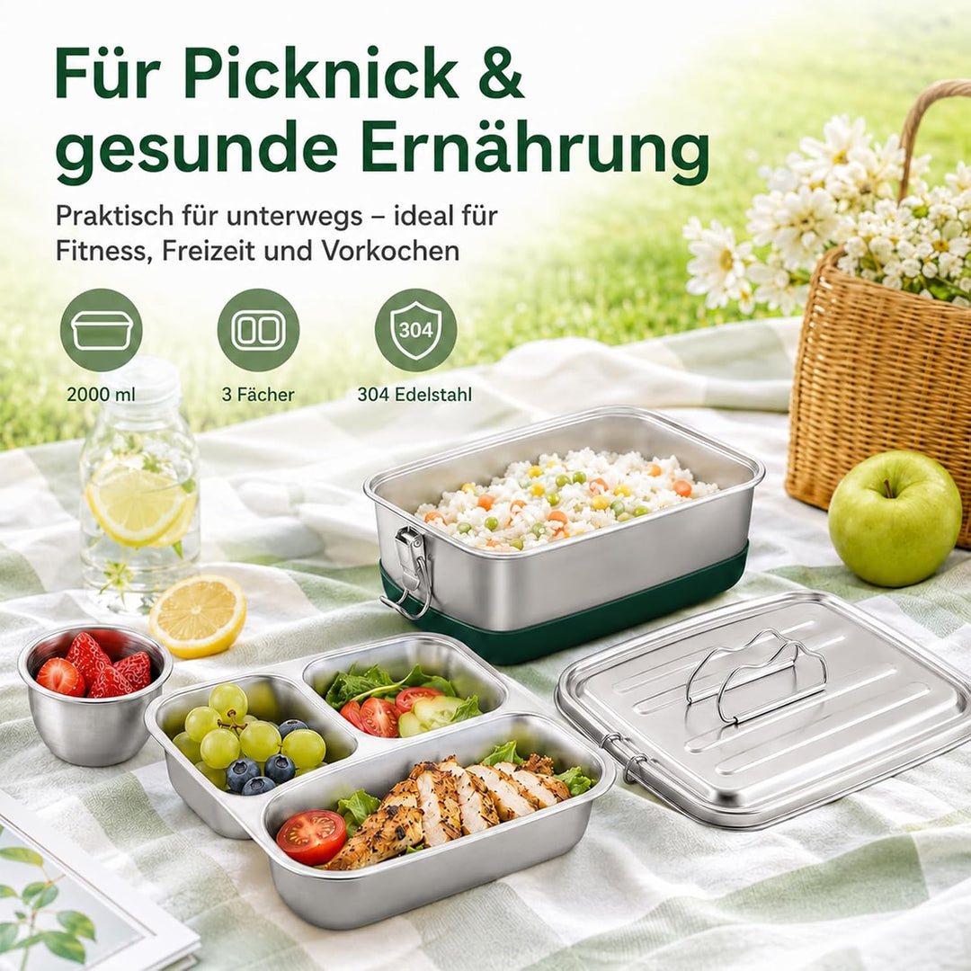 2000ml Premium Edelstahl Brotdose, Lunchbox Auslaufsicher Saucenbehälter