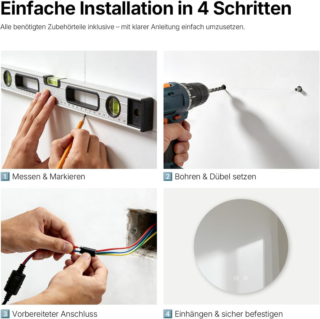 Badspiegel mit Beleuchtung Rund, 60 cm LED Spiegel mit Touch-Schalter, Badezimmer Spiegel mit Beleuc