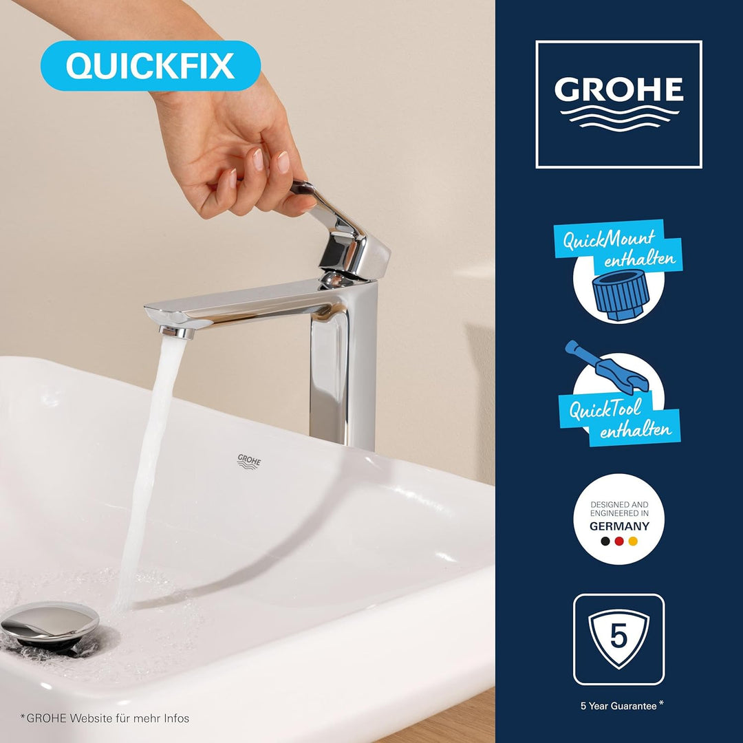 GROHE Dice, Waschtischarmatur hoch, wassersparend (Wasserhahn für das Bad, Badarmatur mit Zugstangen