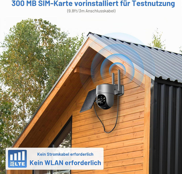Xega 4G LTE Überwachungskamera Aussen Solar mit SIM Karte - 2K HD 3MP PTZ Kabellos Kamera Ohne WLAN